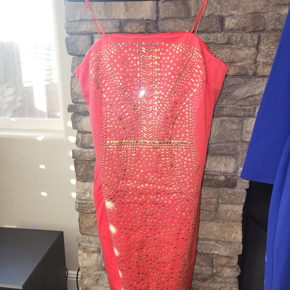 Cache Strapless Red Dress with Gold Detailing